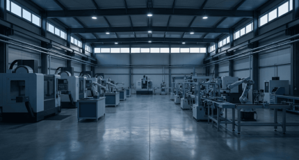Empty factory floor with idle manufacturing machines, illustrating the high cost of unplanned downtime for mid-sized businesses – a scenario Jimber helps prevent.