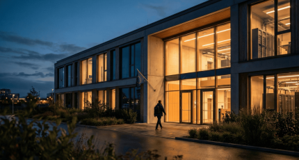 Modern office building flying the EU flag, symbolizing the strategic shift towards sovereign European SASE alternatives for network security and NIS2 compliance.
