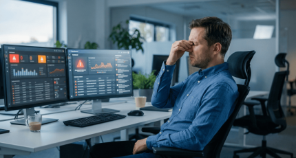Security analyst suffering from alert fatigue due to WAF false positives, illustrating the operational burden of standalone security appliances.