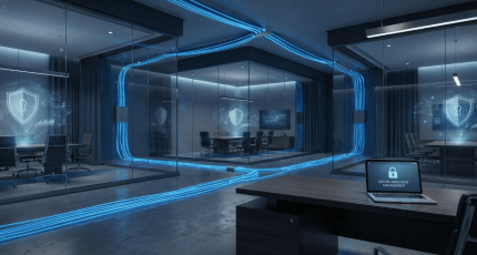 Secure law office with connected meeting rooms representing SASE-protected multi-site operations